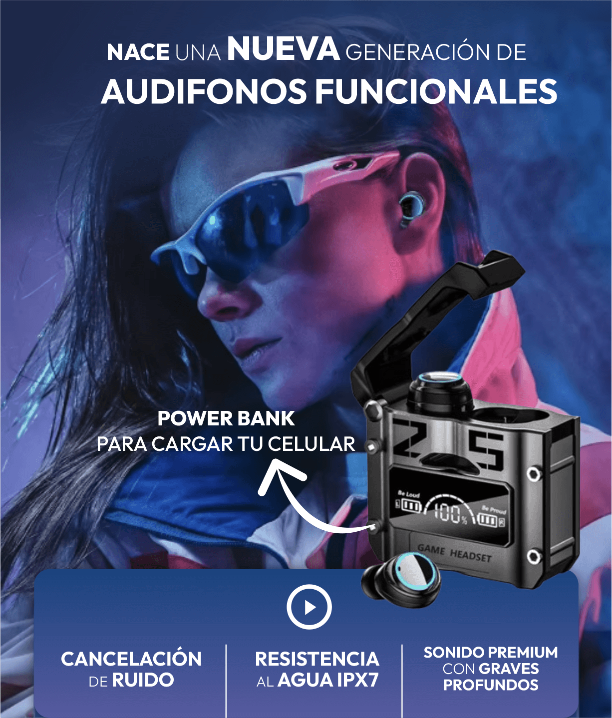 Infinity Sound: Sonido envolvente, comodidad todo el día y power bank integrada para mantenerte siempre conectado.
