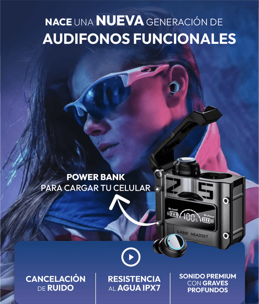 Infinity Sound: Sonido envolvente, comodidad todo el día y power bank integrada para mantenerte siempre conectado.